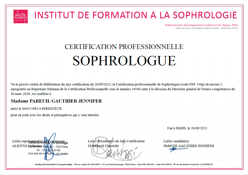 Certification professionnelle Sophrologue Jennifer PAREUIL enregistrée au RNCP